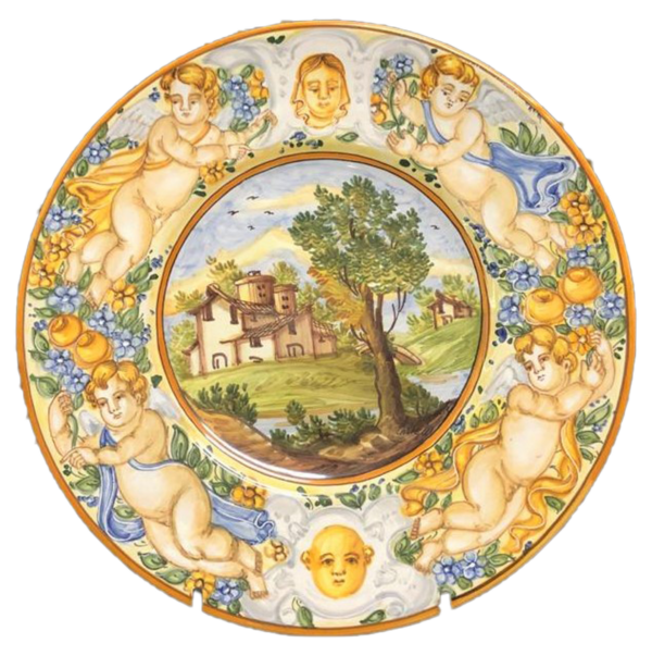 Piatto con paesaggio e puttino - Ceramiche di Castelli